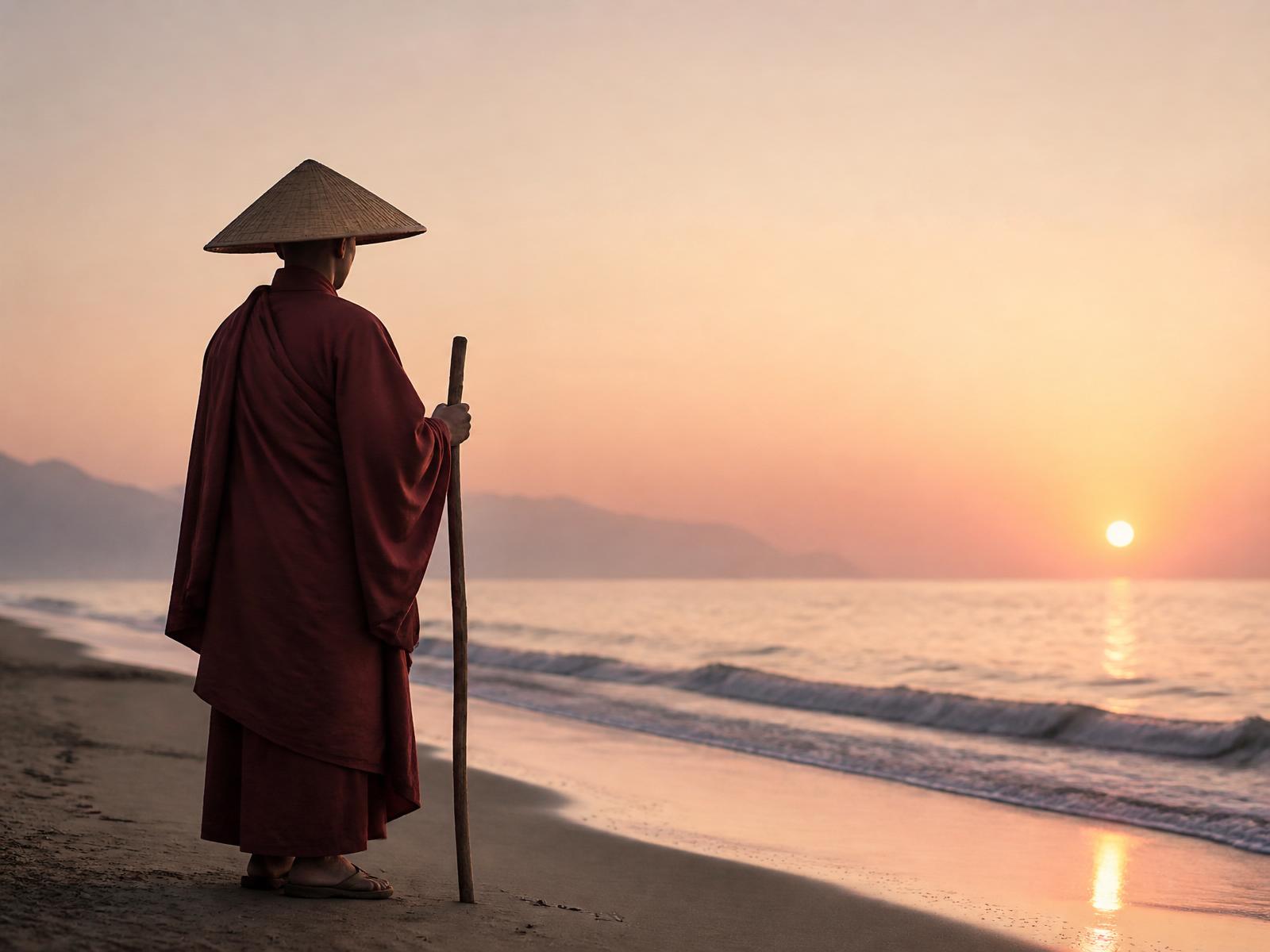 Reverend Daito Thompson standing on the shore at dawn
